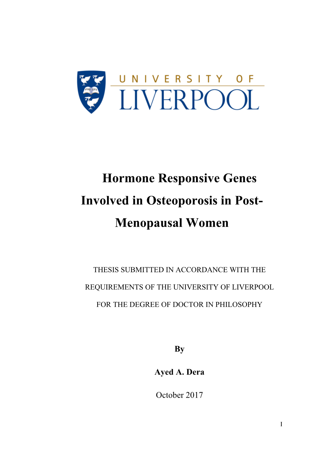 Hormone Responsive Genes Involved in Osteoporosis in Post- Menopausal Women