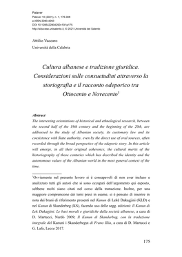 Cultura Albanese E Tradizione Giuridica. Considerazioni Sulle Consuetudini Attraverso La Storiografia E Il Racconto Odeporico Tra Ottocento E Novecento1