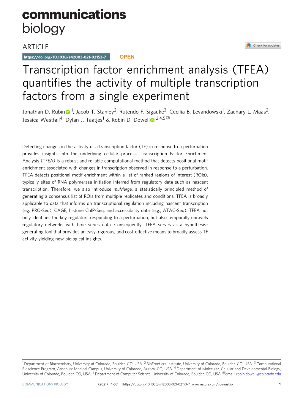 Transcription Factor Enrichment Analysis (TFEA) Quantiﬁes the Activity of Multiple Transcription Factors from a Single Experiment