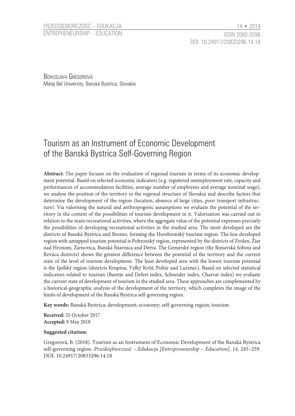 Tourism As an Instrument of Economic Development of the Banská Bystrica Self-Governing Region