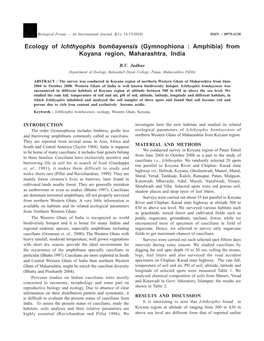 Ecology of Ichthyophis Bombayensis (Gymnophiona : Amphibia) from Koyana Region, Maharashtra, India