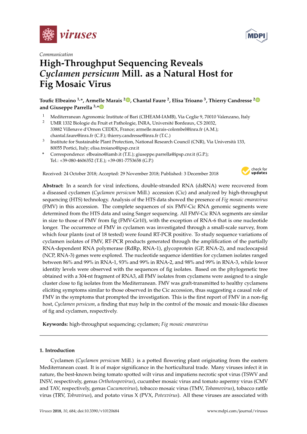 High-Throughput Sequencing Reveals Cyclamen Persicum Mill. As a Natural Host for Fig Mosaic Virus