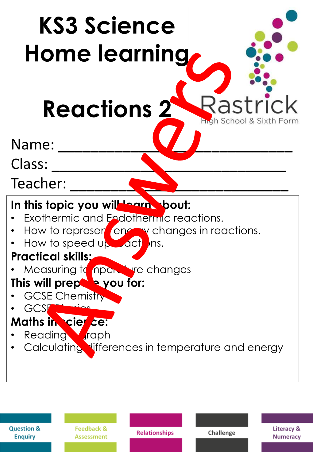 KS3 Science Home Learning Reactions 2