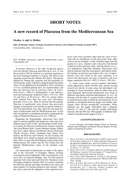 SHORT NOTES a New Record of Placozoa from the Mediterranean