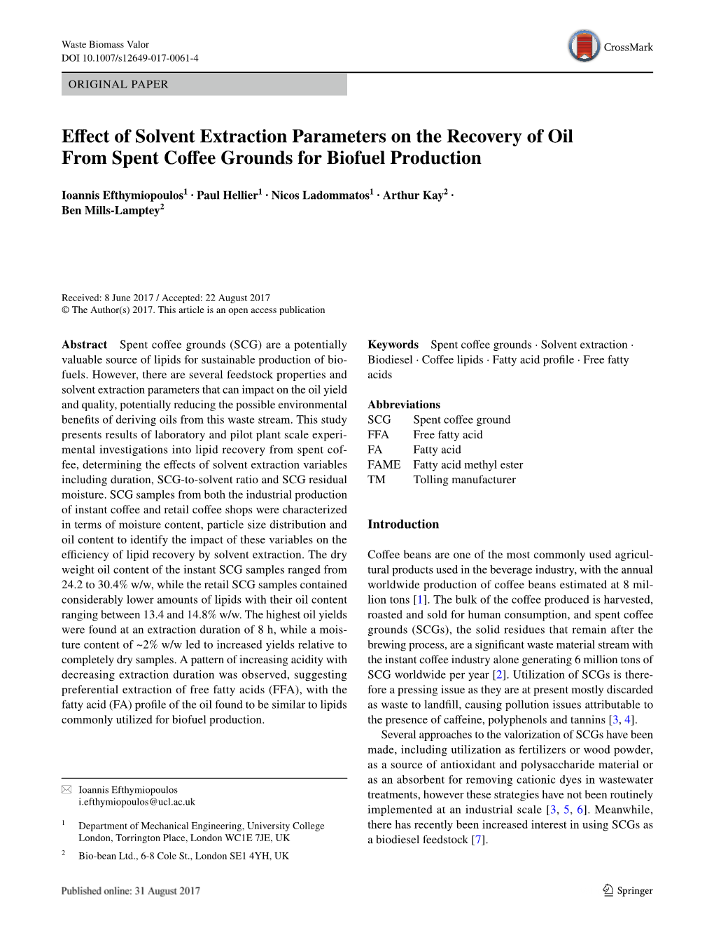 Effect of Solvent Extraction Parameters on the Recovery of Oil from Spent Coffee Grounds for Biofuel Production