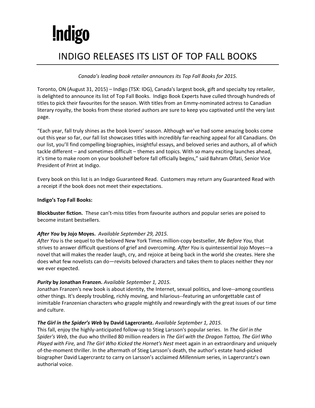 Indigo Releases Its List of Top Fall Books