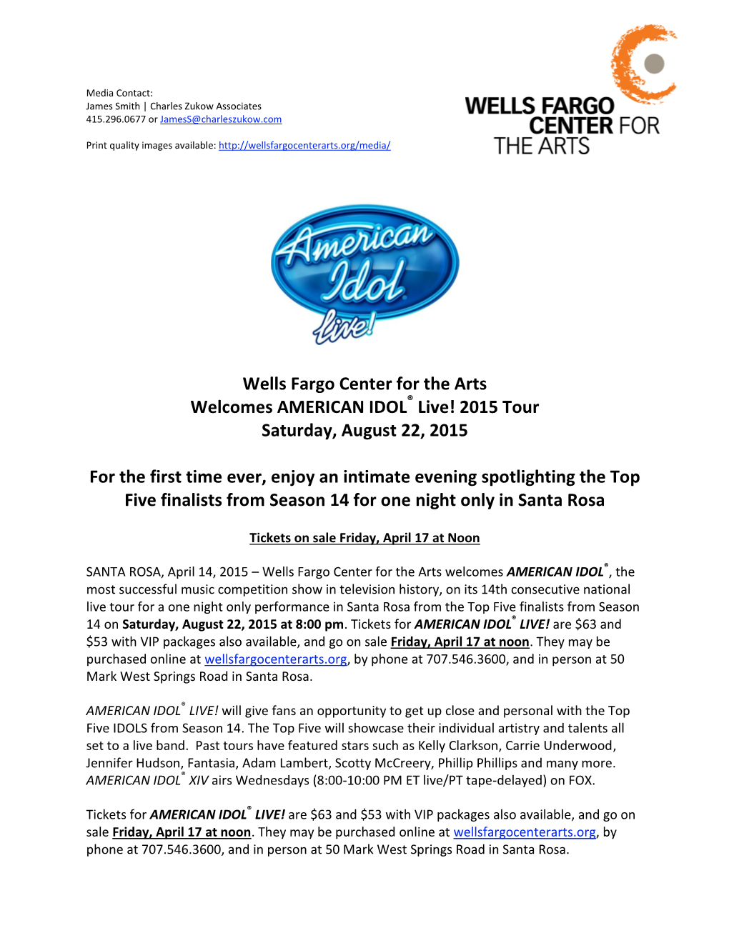 Wells Fargo Center for the Arts Welcomes AMERICAN IDOL Live