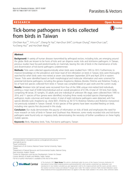 Tick-Borne Pathogens in Ticks Collected from Birds in Taiwan