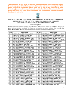 Plant Quarantine (Regulation of Import Into India) Order, 2003, and Includes Amendments Issued Thereto from Time to Time