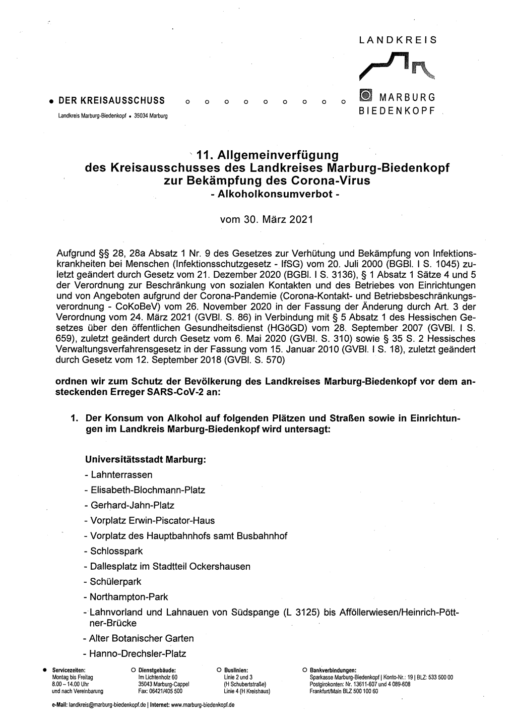 11. Allgemeinverfügung Des Kreisausschusses Des Landkreises Marburg-Biedenkopf Zur Bekämpfung Des Corona-Virus - Alkoholkonsumverbot