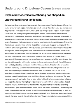 Underground Dripstone Cavern | Sample Answer ​ ​ Explain How Chemical Weathering Has Shaped an Underground Karst Landscape