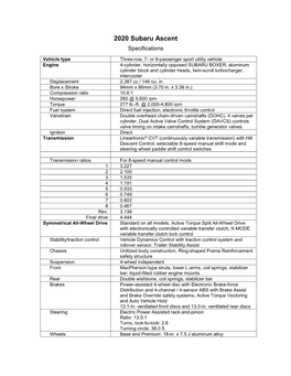 2020 Subaru Ascent Specifications