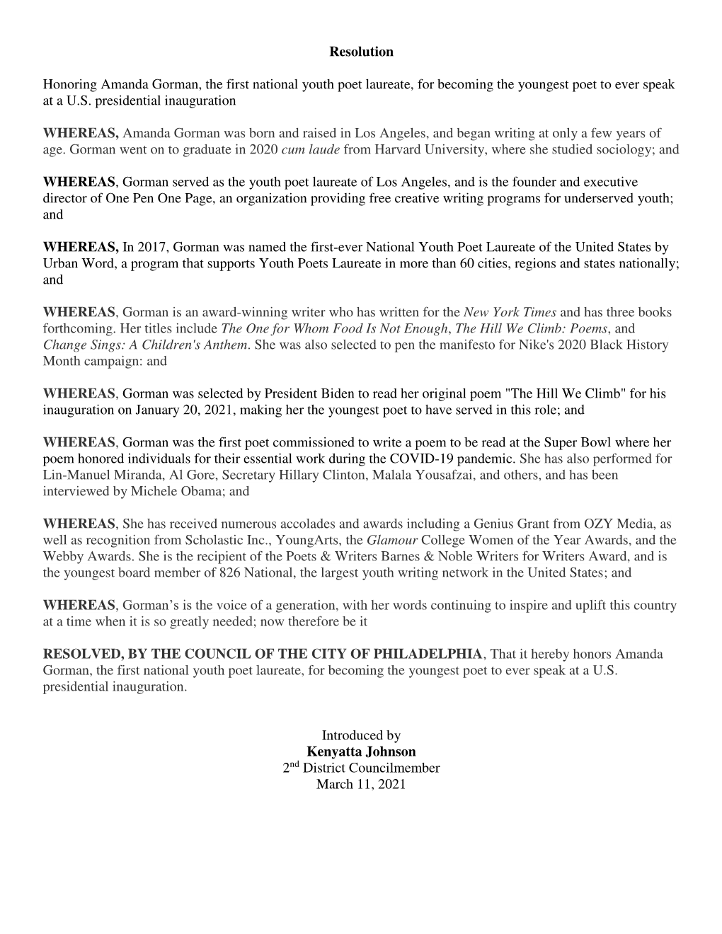 Resolution Honoring Amanda Gorman, the First National Youth Poet