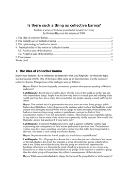 Is There Such a Thing As Collective Karma? Tenth in a Series of Lectures Presented at Leiden University by Richard Hayes in the Autumn of 2009 1