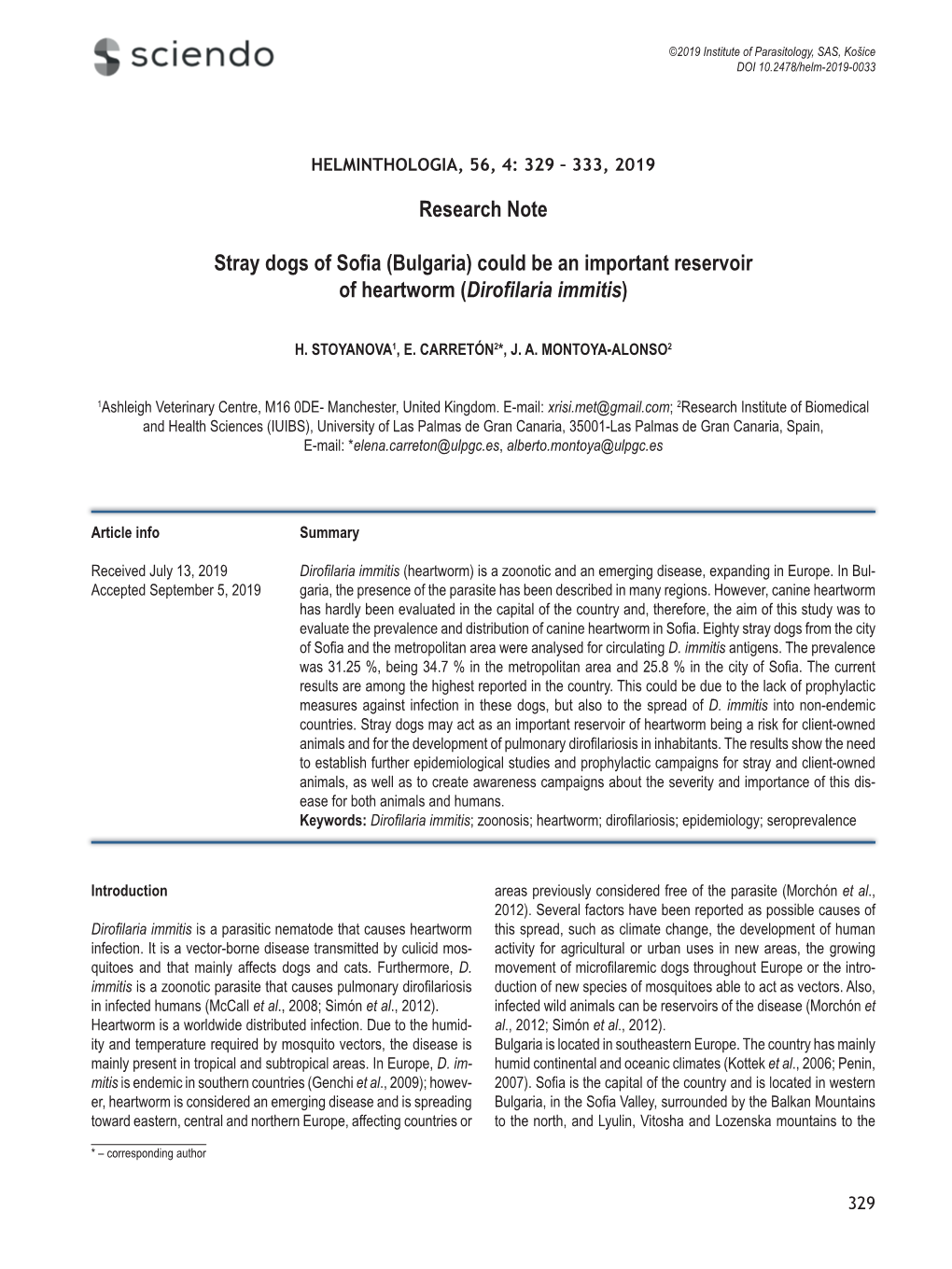 Research Note Stray Dogs of Sofia (Bulgaria) Could Be an Important Reservoir of Heartworm (Dirofilaria Immitis)