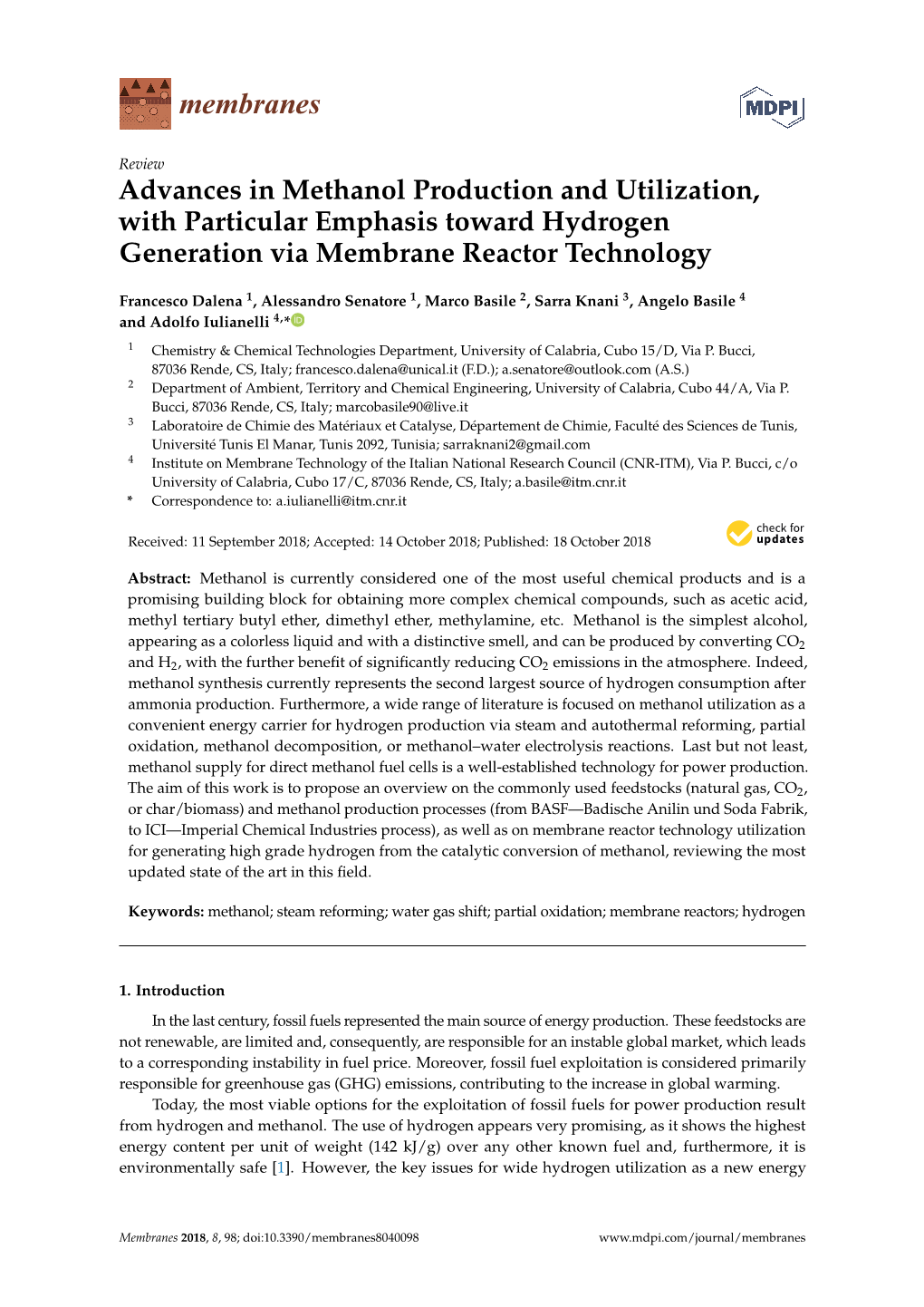 Advances in Methanol Production and Utilization, with Particular Emphasis Toward Hydrogen Generation Via Membrane Reactor Technology