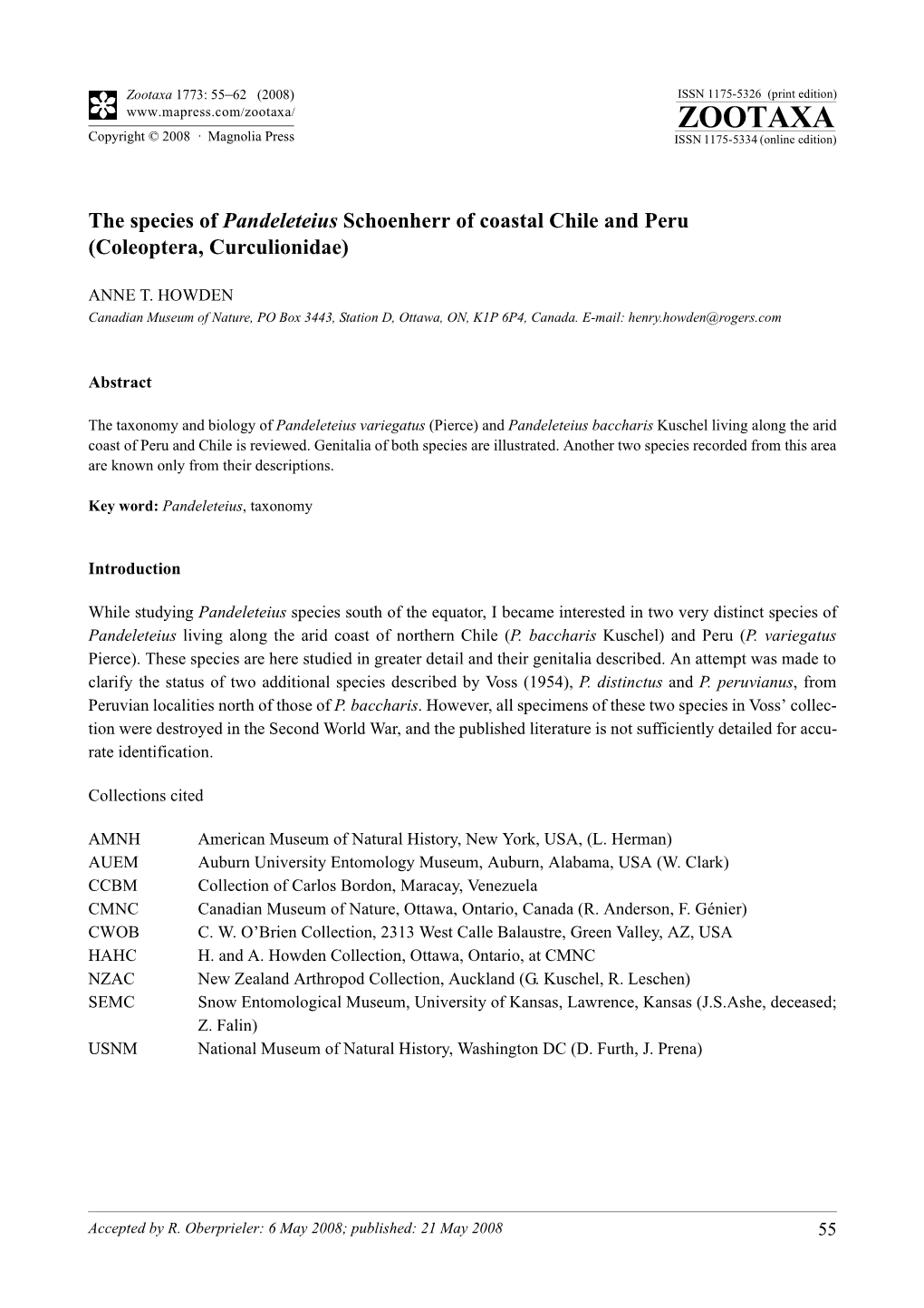 Zootaxa, the Species of Pandeleteius Schoenherr of Coastal Chile and Peru