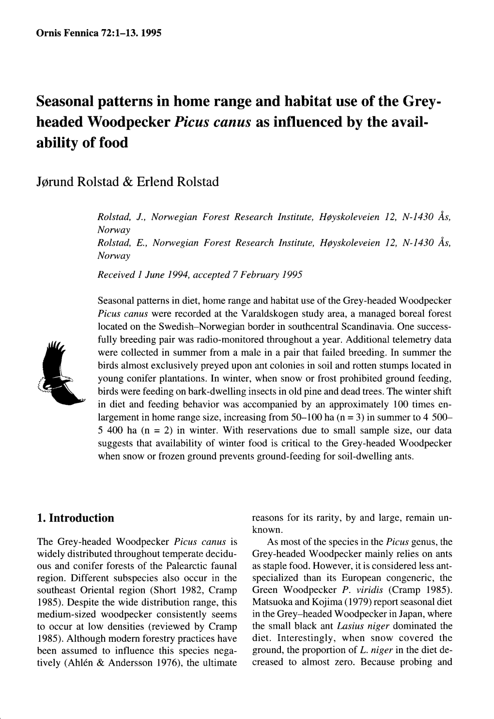 Headed Woodpecker Picus Canus As Influenced by the Avail- Ability of Food