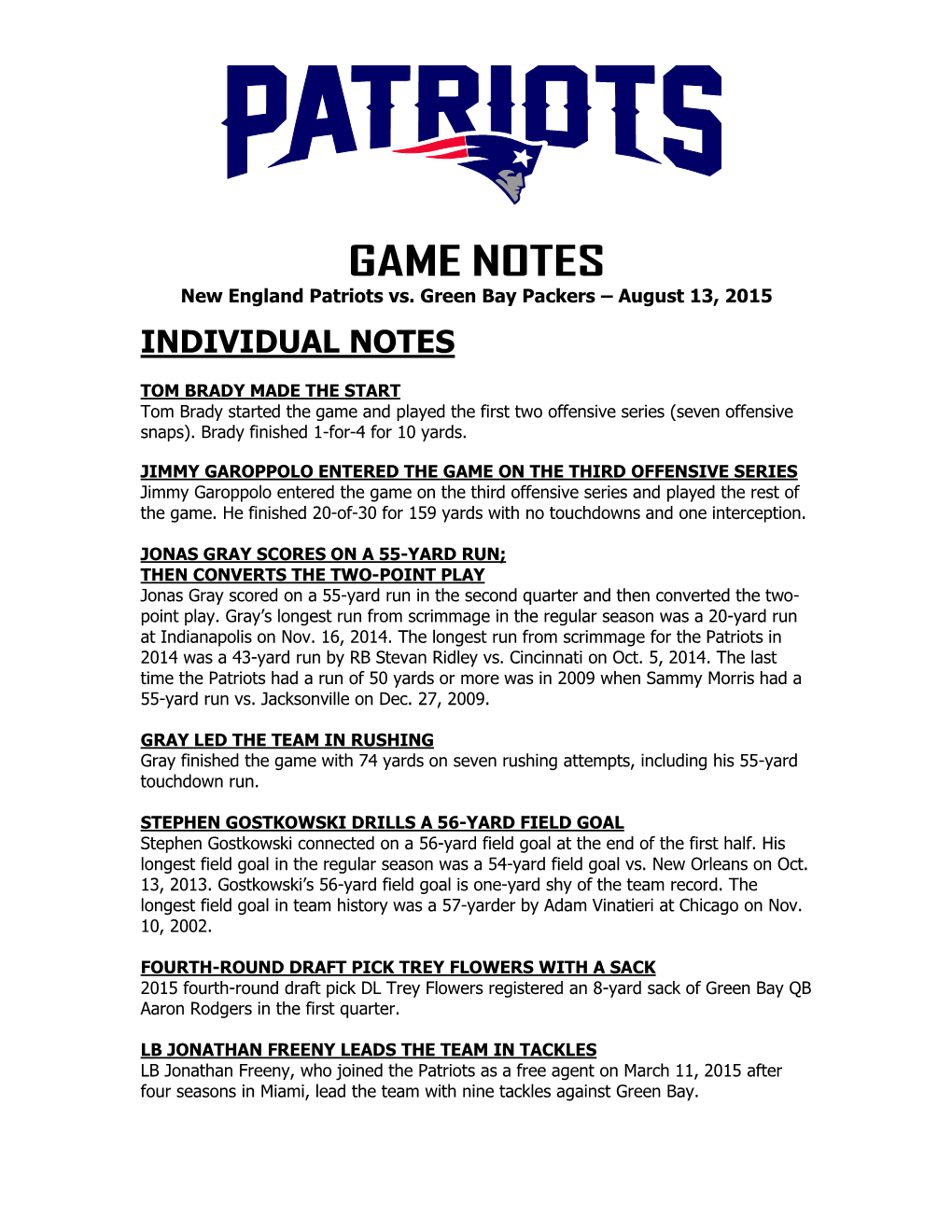 Patriots at Philadelphia Game Notes