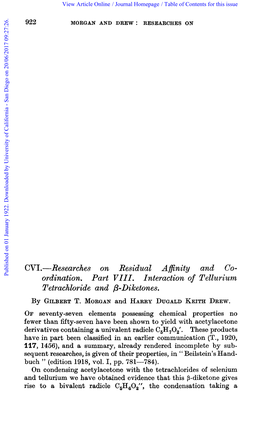 Ordination. Part VIII. Interaction of Tellurium Tetrachloride and P-Diketones