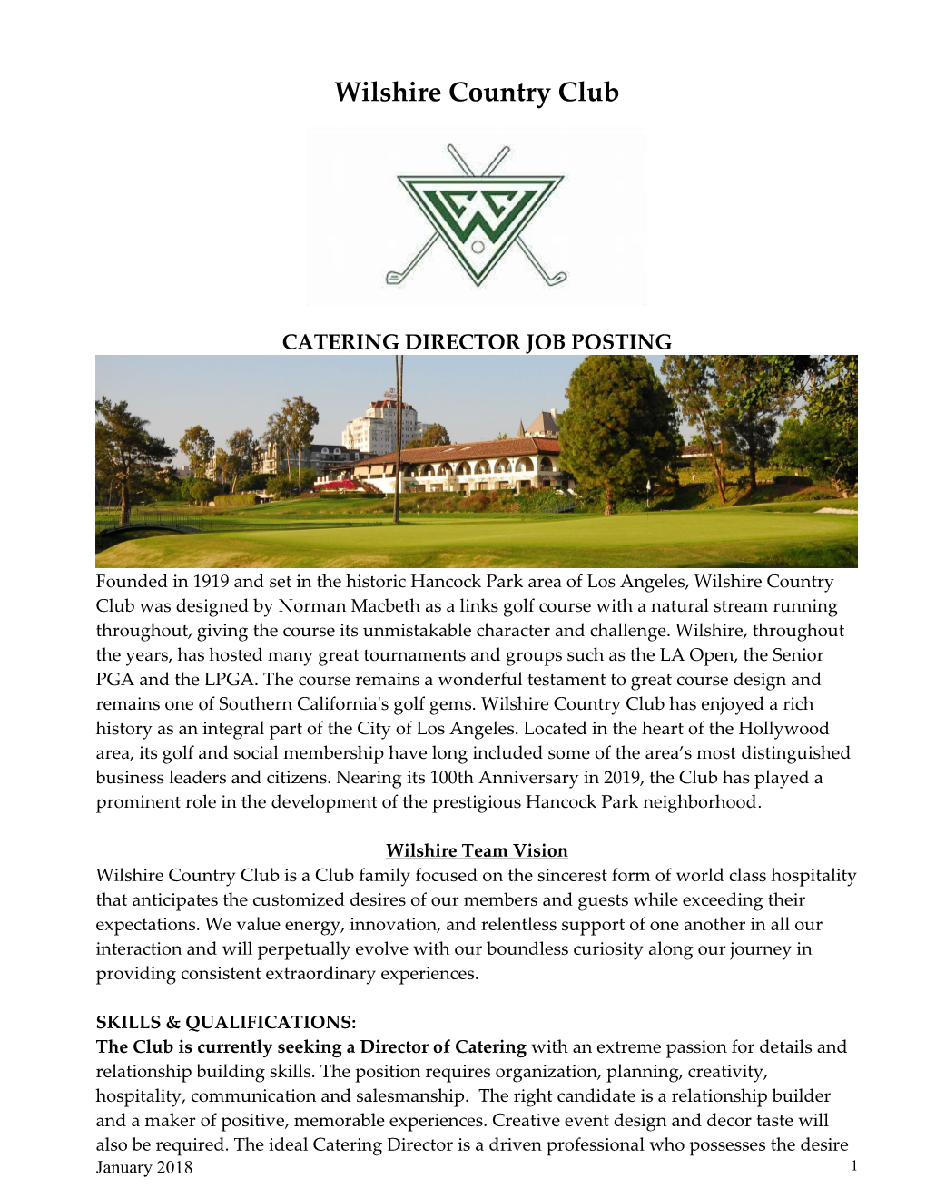 Catering Director, Wilshire Country Club, Los Angeles, CA