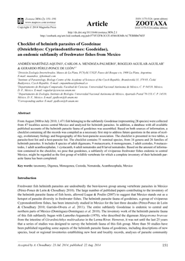 Checklist of Helminth Parasites of Goodeinae (Osteichthyes: Cyprinodontiformes: Goodeidae), an Endemic Subfamily of Freshwater Fishes from Mexico