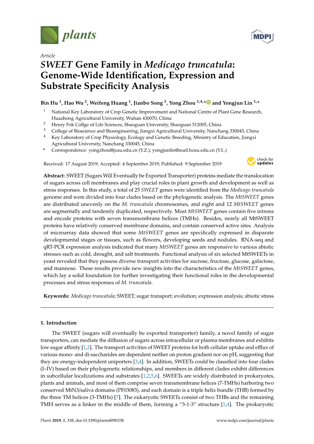 SWEET Gene Family in Medicago Truncatula: Genome-Wide Identiﬁcation, Expression and Substrate Speciﬁcity Analysis