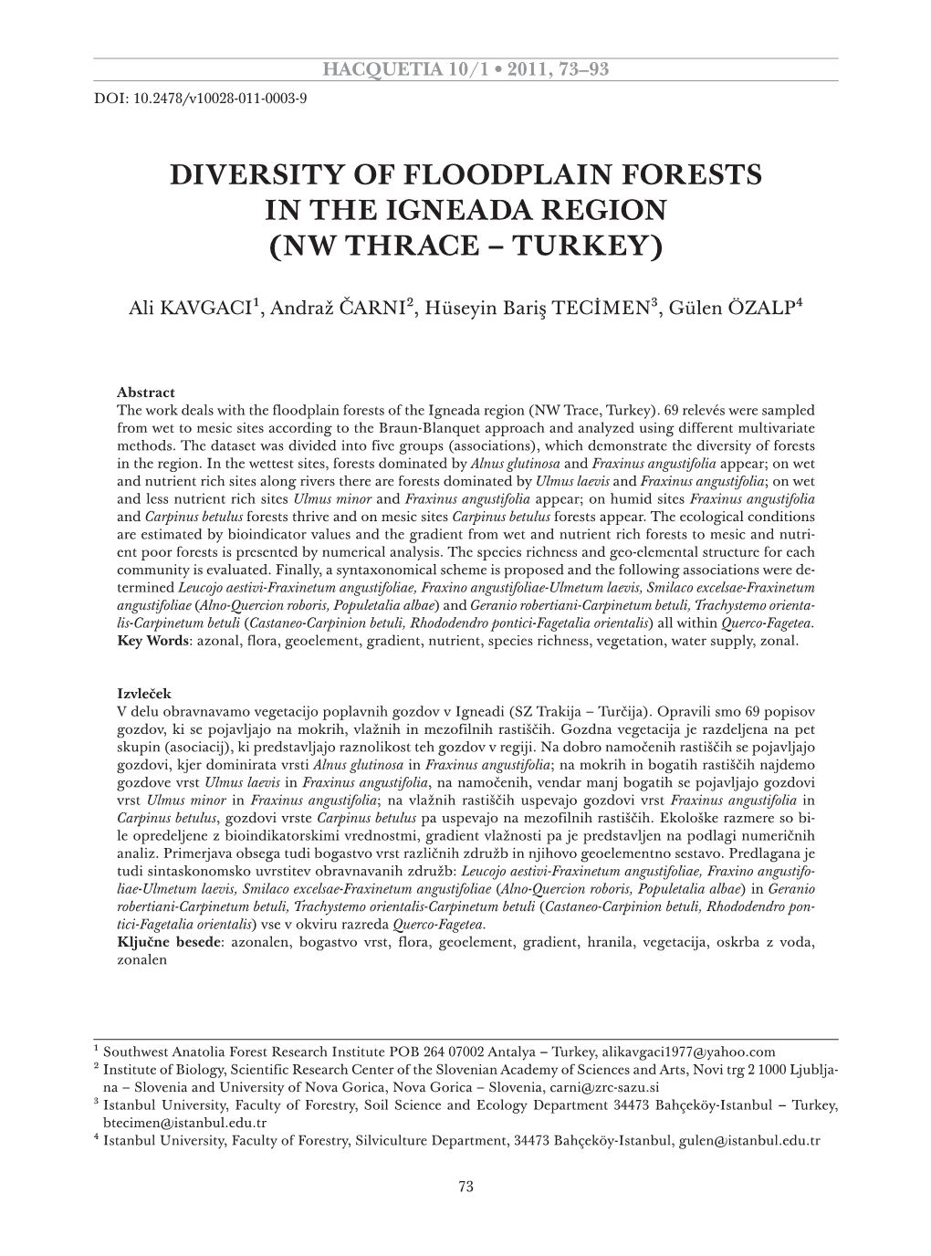 Diversity of Floodplain Forests in the Igneada Region (Nw Thrace – Turkey)