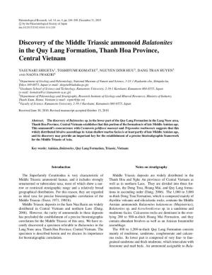 Discovery of the Middle Triassic Ammonoid Balatonites in the Quy Lang Formation, Thanh Hoa Province, Central Vietnam