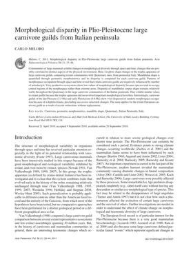 Morphological Disparity in Plio−Pleistocene Large Carnivore Guilds from Italian Peninsula