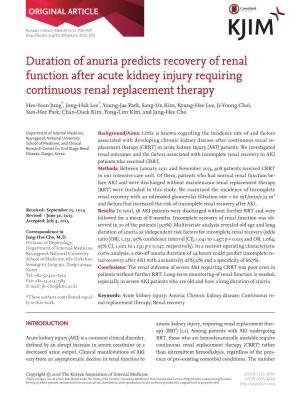 Duration of Anuria Predicts Recovery of Renal Function After Acute Kidney Injury Requiring Continuous Renal Replacement Therapy