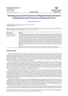 Reshaping Assessment Practices in a Philippine Teacher Education Institution During the Coronavirus Disease 2019 Crisis