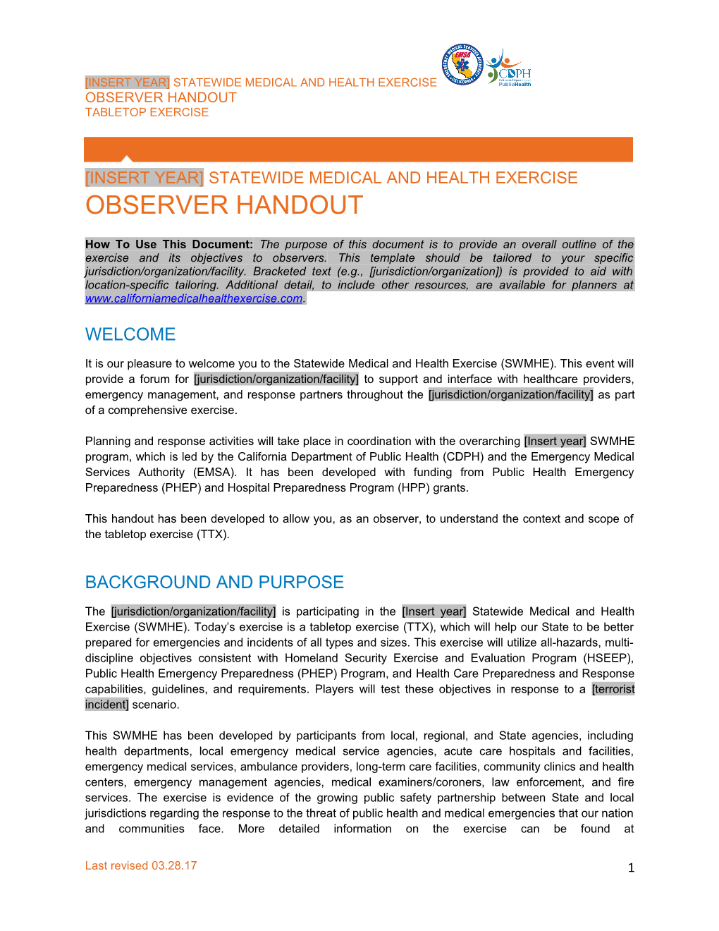 Statewide Medical and Health Exercise Observer Handout for Tabletop Exercises