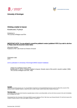 Climbing a Ladder to Heaven. Gnostic Vision of the World in Jacob's Ladder (1990) Fryderyk Kwiatkowski Jagiellonian University, Cracow, Fryderykkwiatkowski@Wp.Pl