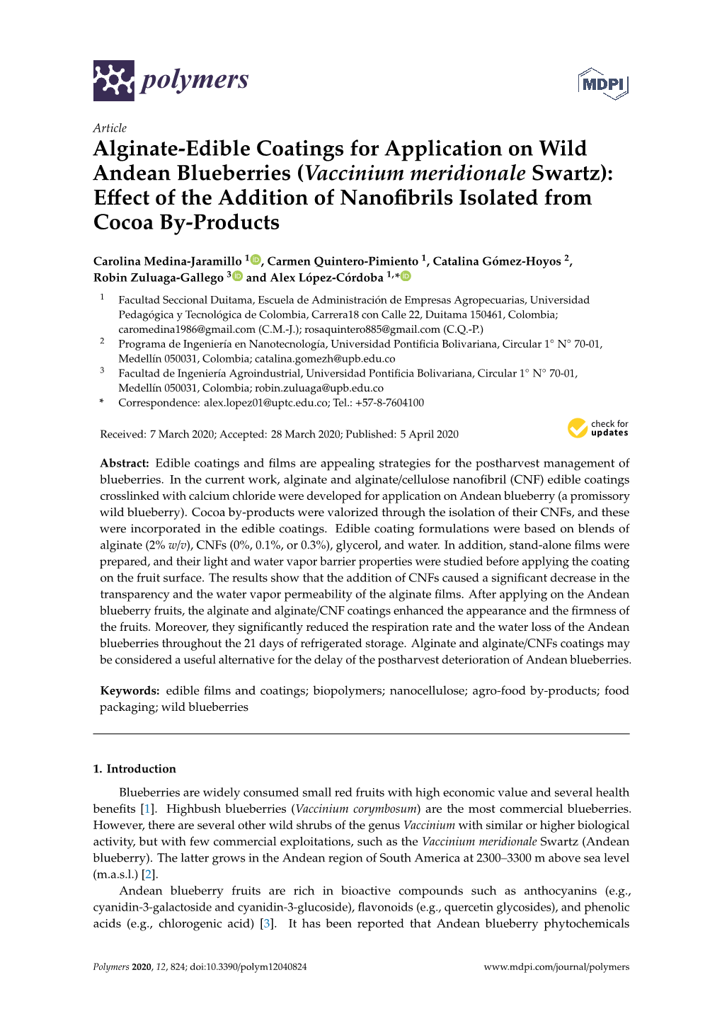 Alginate-Edible Coatings for Application on Wild Andean Blueberries (Vaccinium Meridionale Swartz)