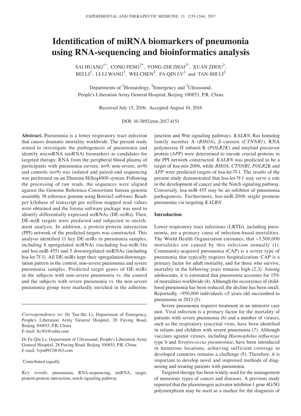 Identification of Mirna Biomarkers of Pneumonia Using RNA‑Sequencing and Bioinformatics Analysis