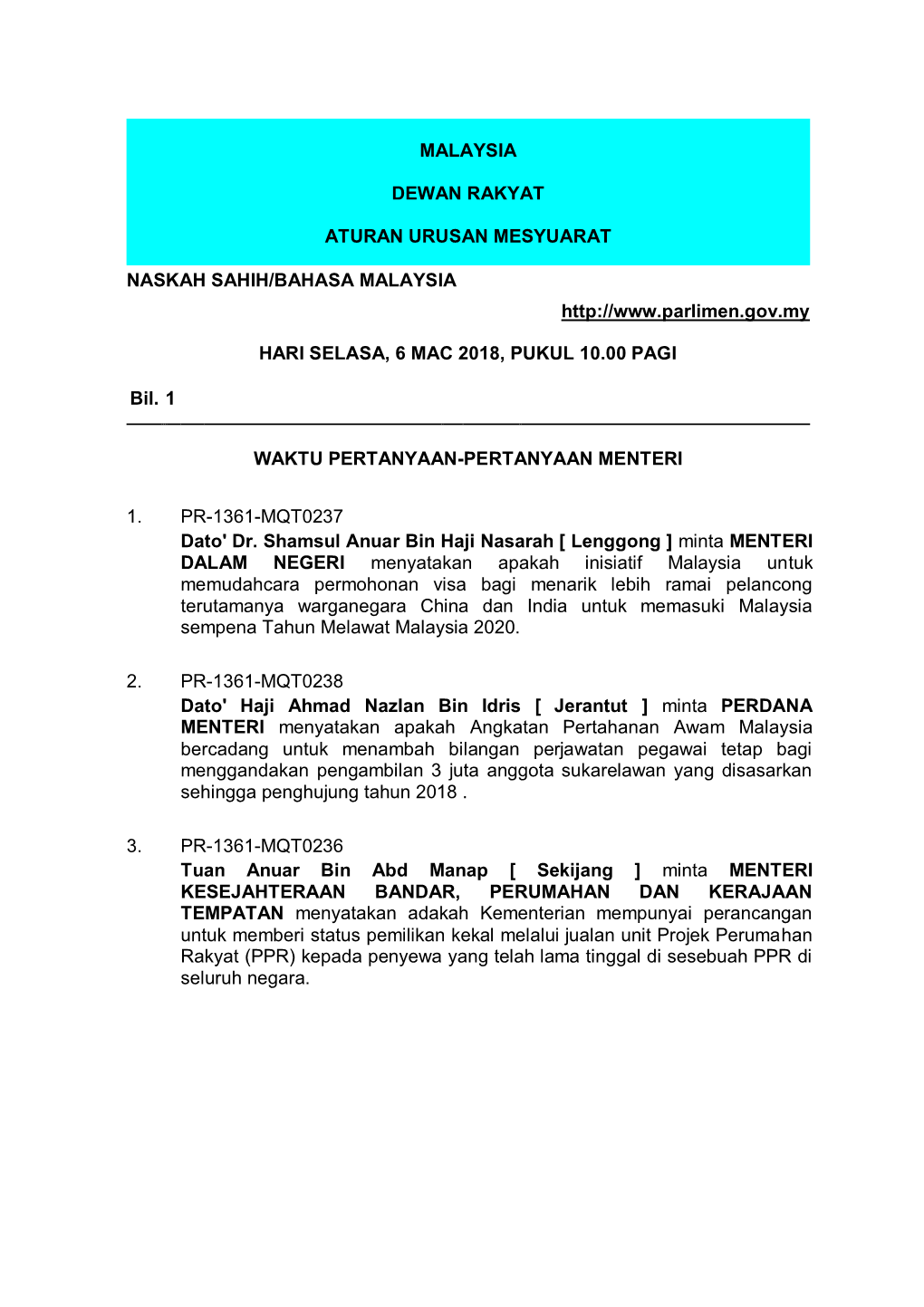 Malaysia Dewan Rakyat Aturan Urusan