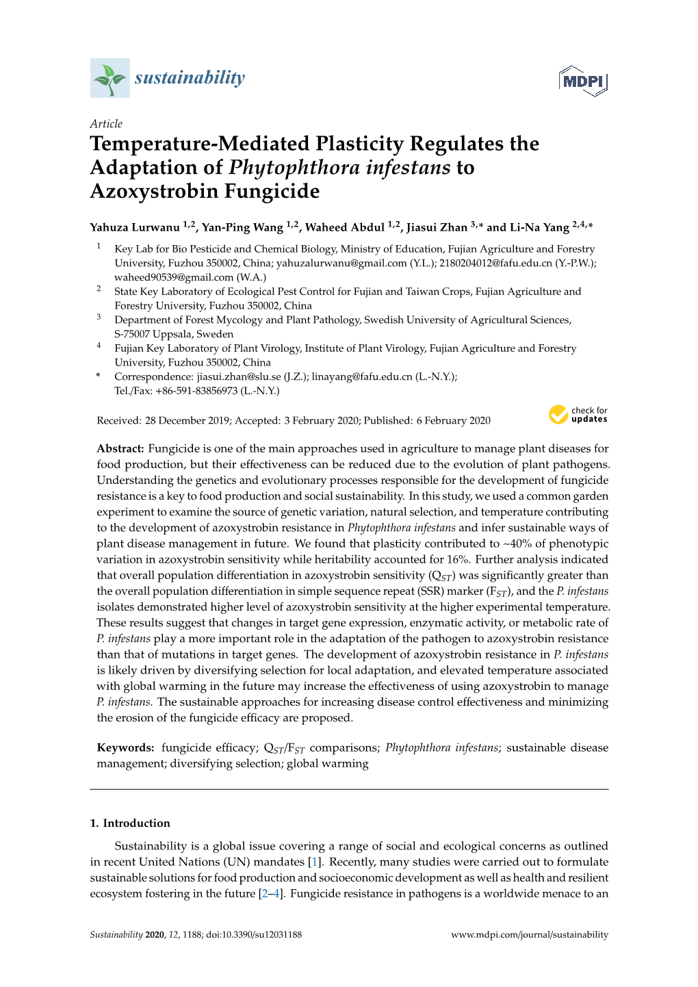 Temperature-Mediated Plasticity Regulates the Adaptation of Phytophthora Infestans to Azoxystrobin Fungicide