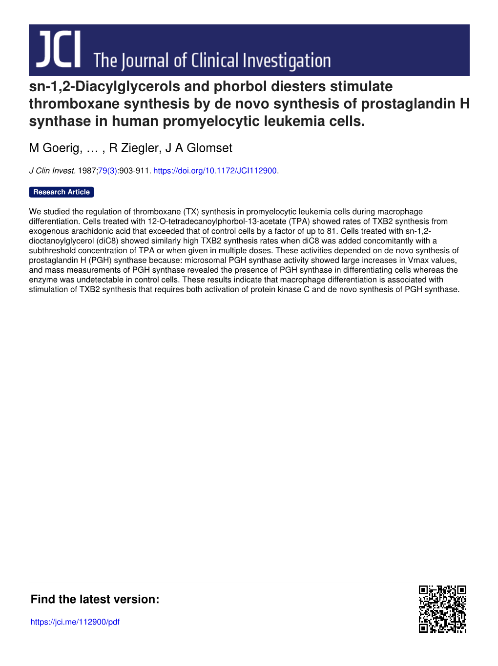 Sn-1,2-Diacylglycerols and Phorbol Diesters Stimulate Thromboxane Synthesis by De Novo Synthesis of Prostaglandin H Synthase in Human Promyelocytic Leukemia Cells