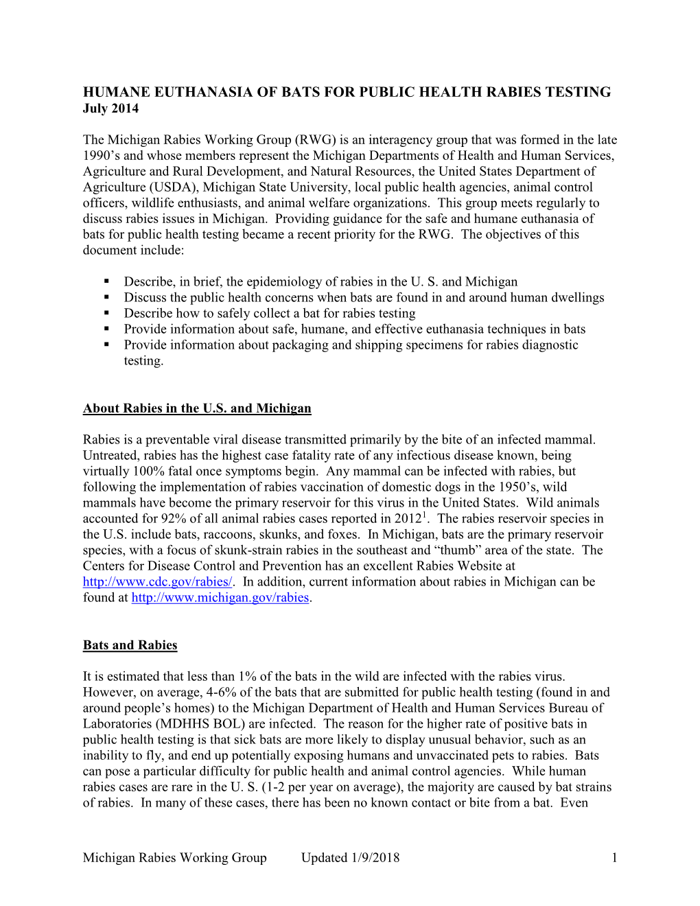 HUMANE EUTHANASIA of BATS for PUBLIC HEALTH RABIES TESTING July 2014