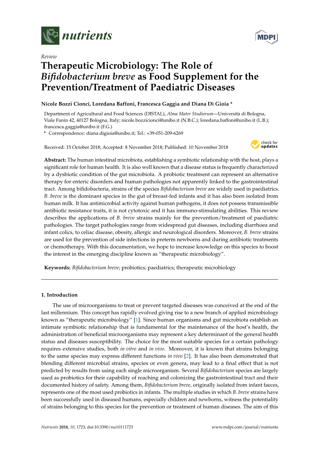 The Role of Bifidobacterium Breve As Food Supplement for The