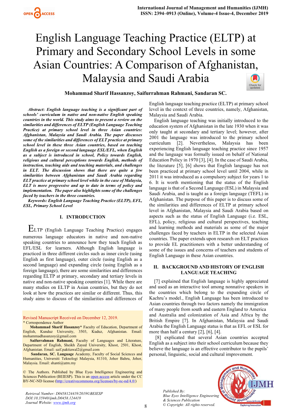 English Language Teaching Practice (ELTP) at Primary and Secondary School Levels in Some Asian Countries: a Comparison of Afghanistan, Malaysia and Saudi Arabia