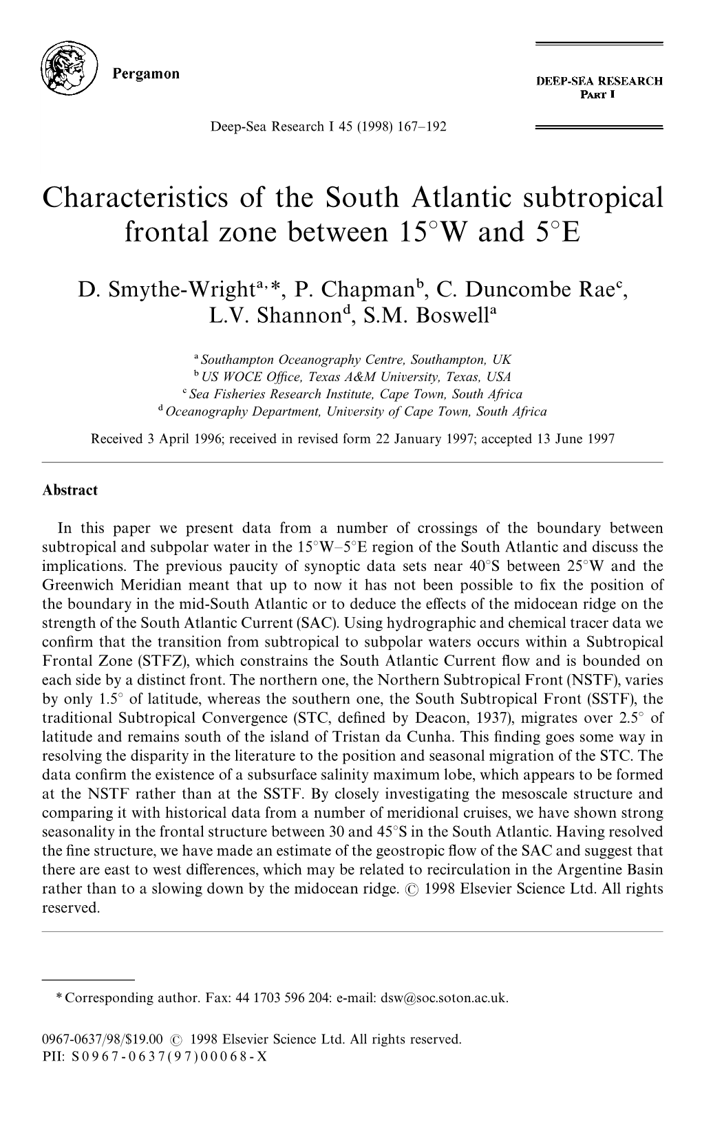 Characteristics of the South Atlantic Subtropical Frontal Zone Between 15°W and 5°E