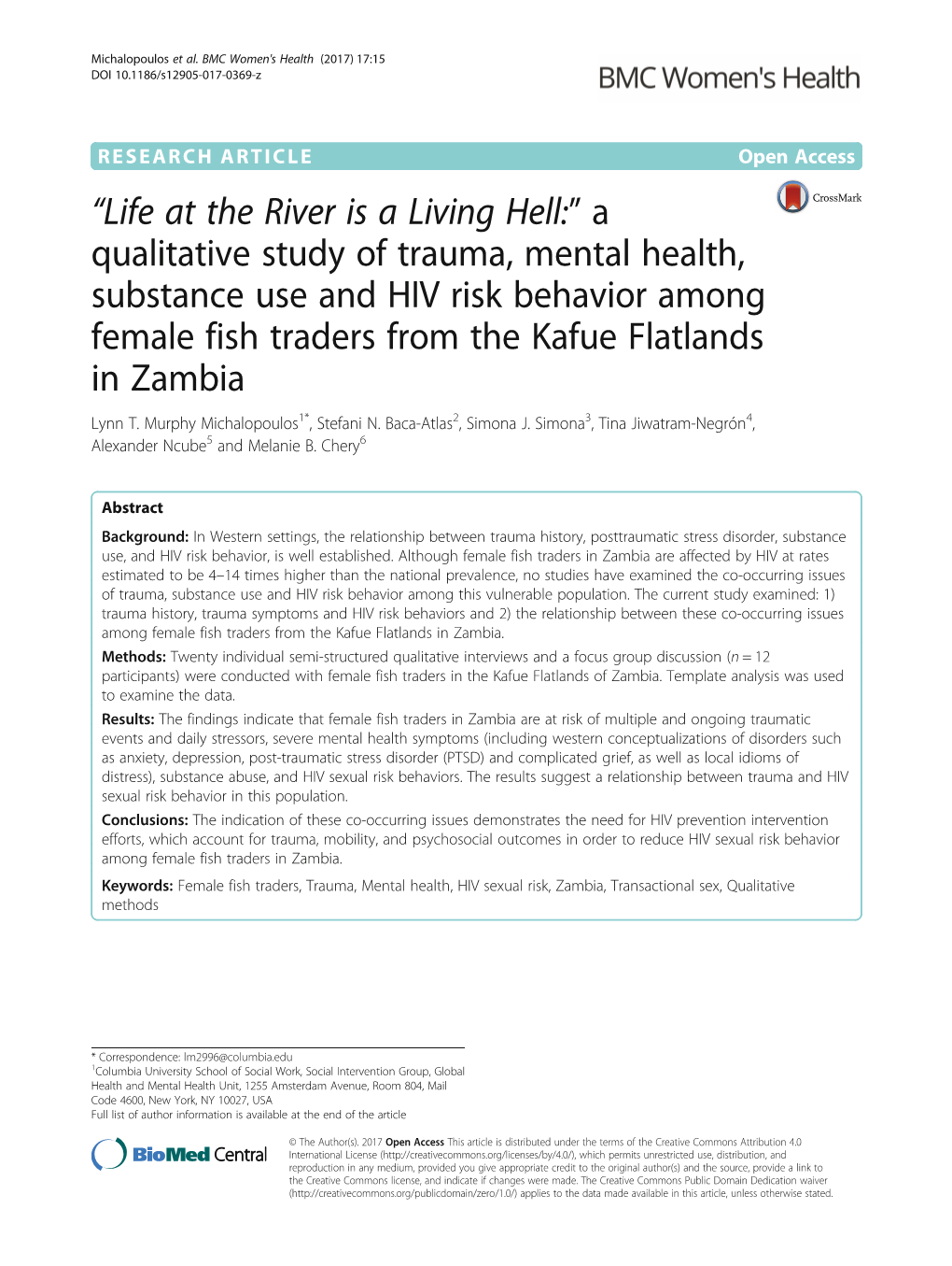 A Qualitative Study of Trauma, Mental Health, Substance Use and HIV Risk Behavior Among Female Fish Traders from the Kafue Flatlands in Zambia Lynn T