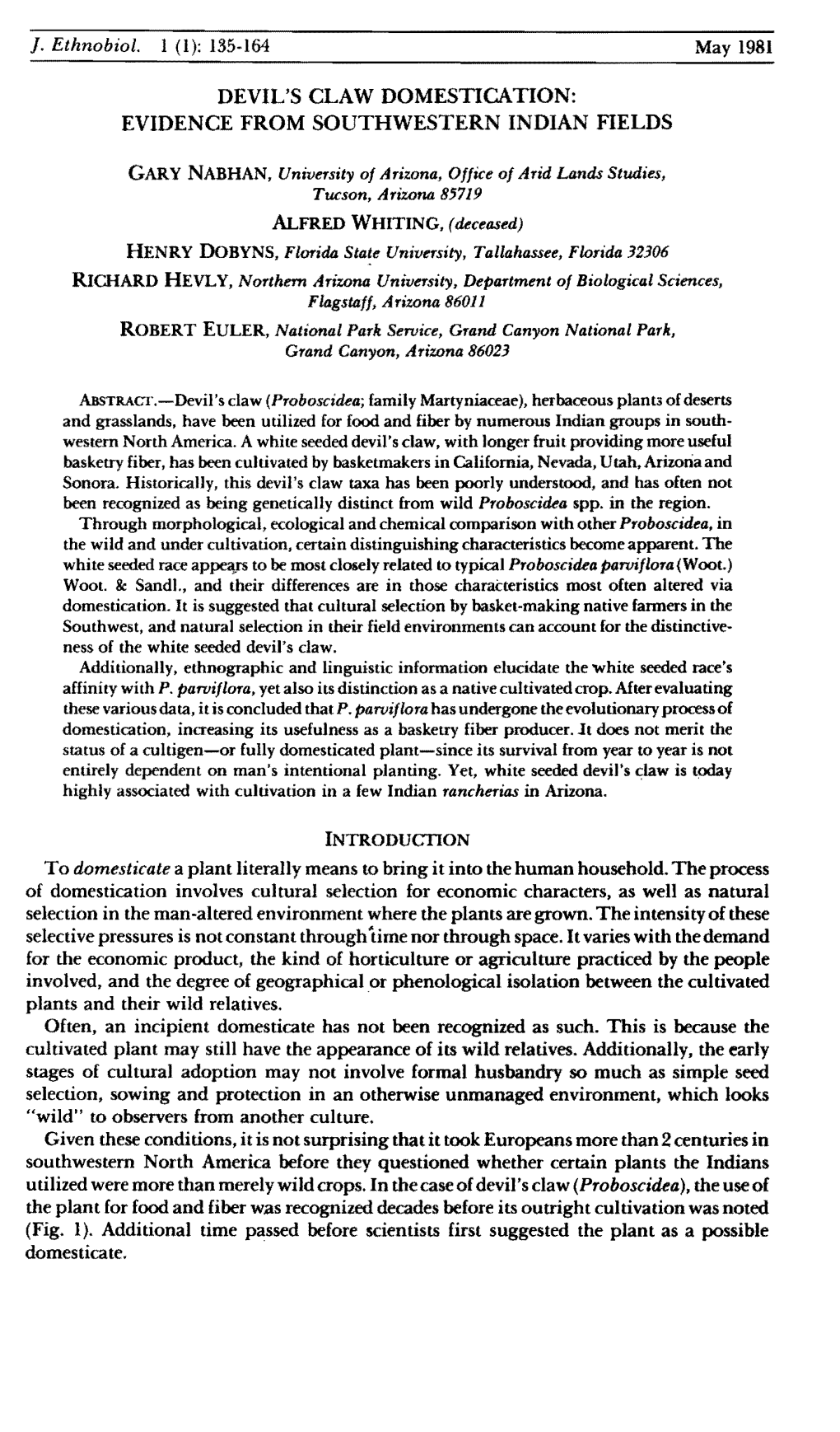 Devil's Claw Domestication: Evidence from Southwestern Indian Fields