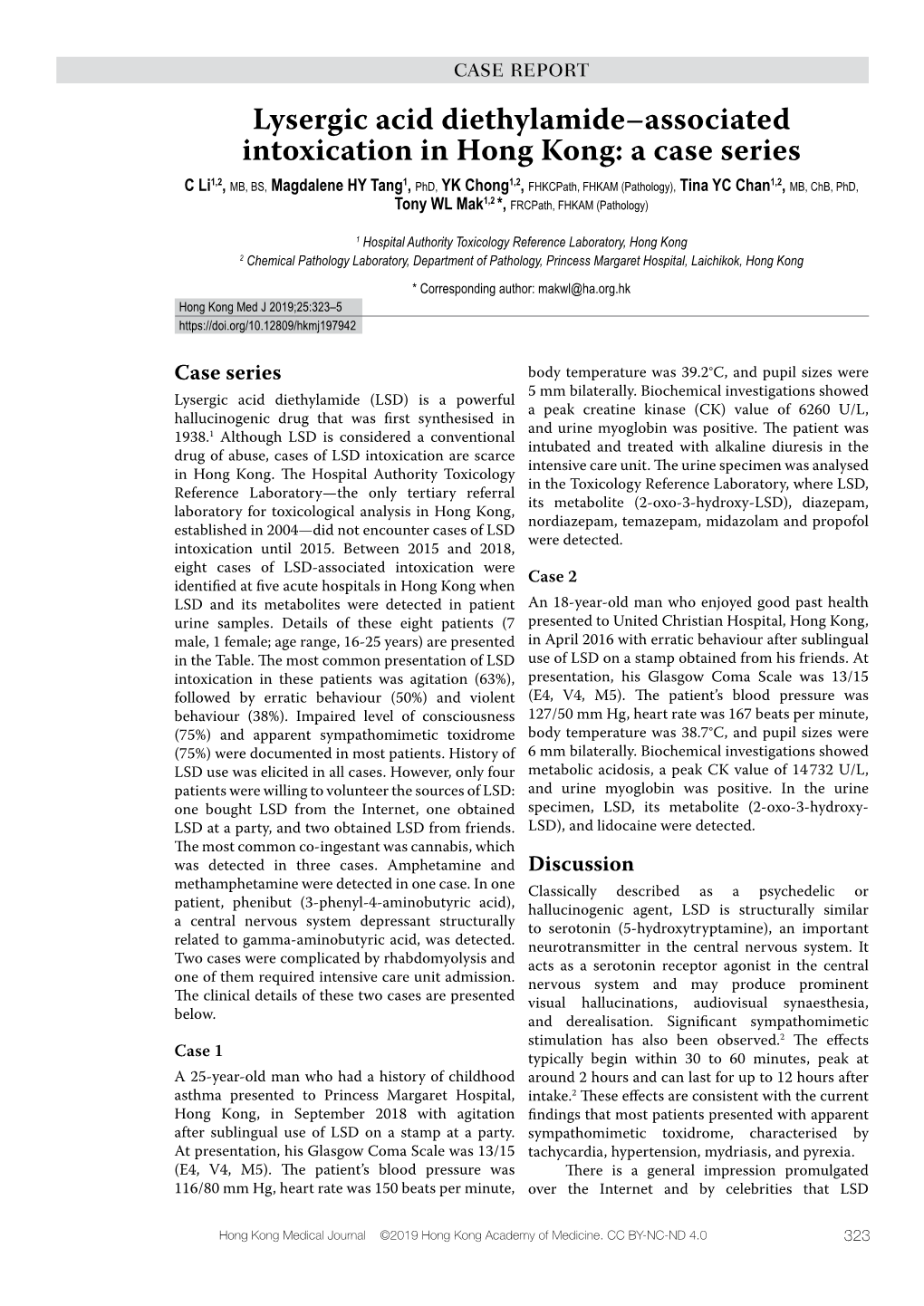 Lysergic Acid Diethylamide–Associated Intoxication in Hong