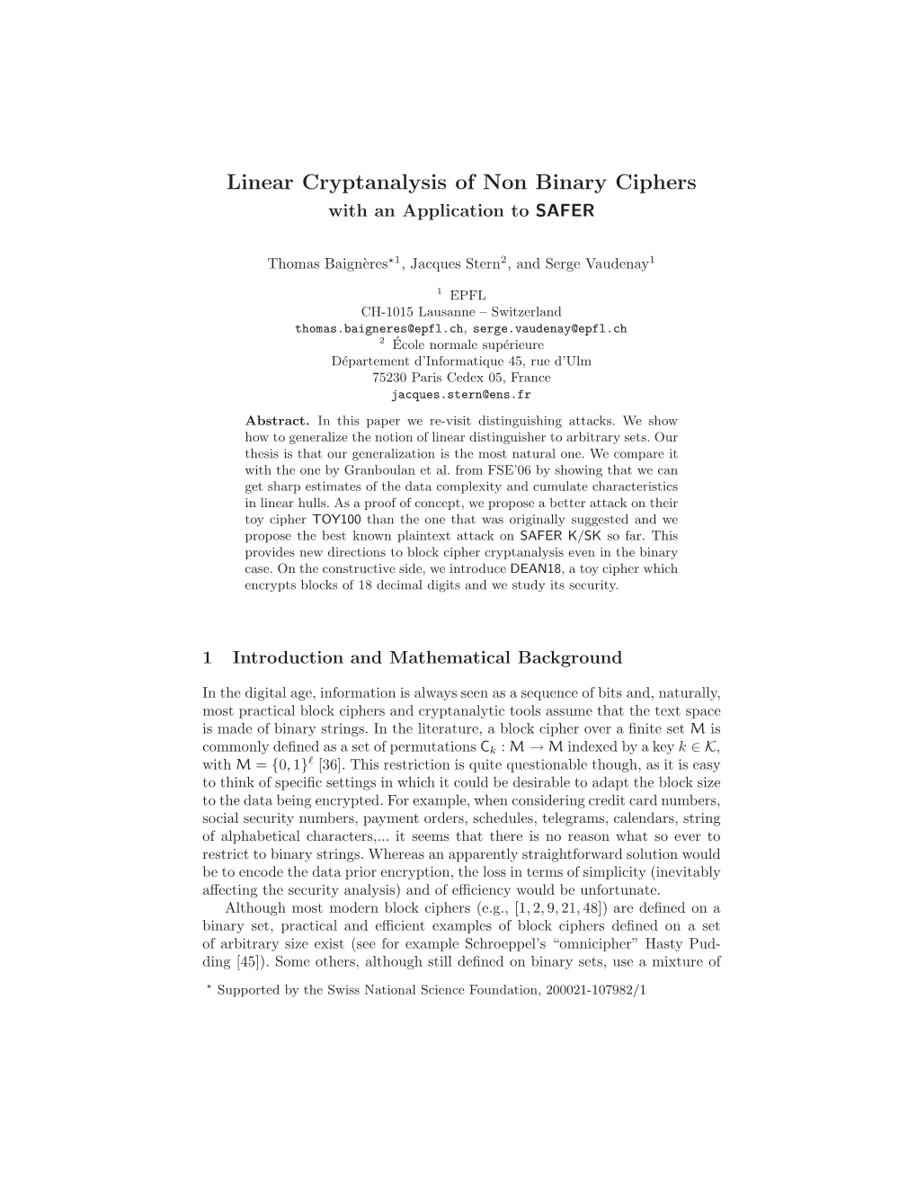 Linear Cryptanalysis of Non Binary Ciphers with an Application to SAFER