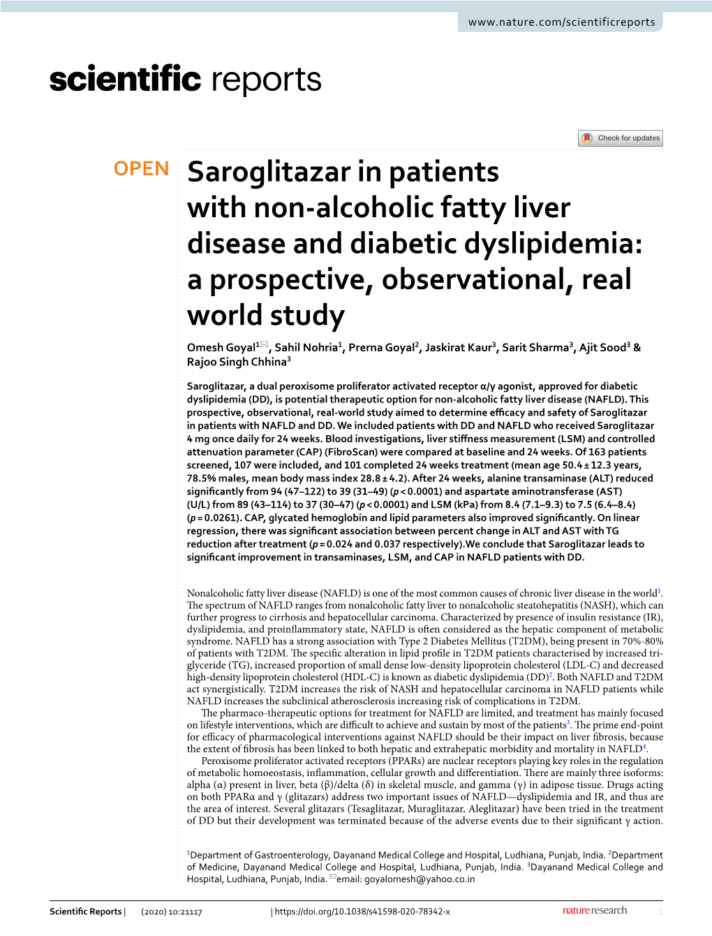 Saroglitazar in Patients with Non-Alcoholic Fatty Liver Disease And