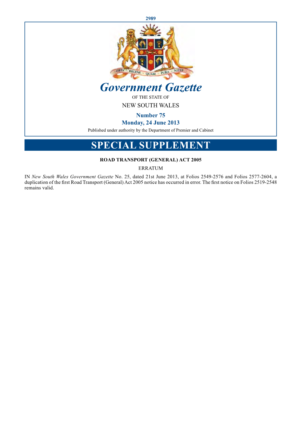 New South Wales Government Gazette No. 26 of 28 June 2013