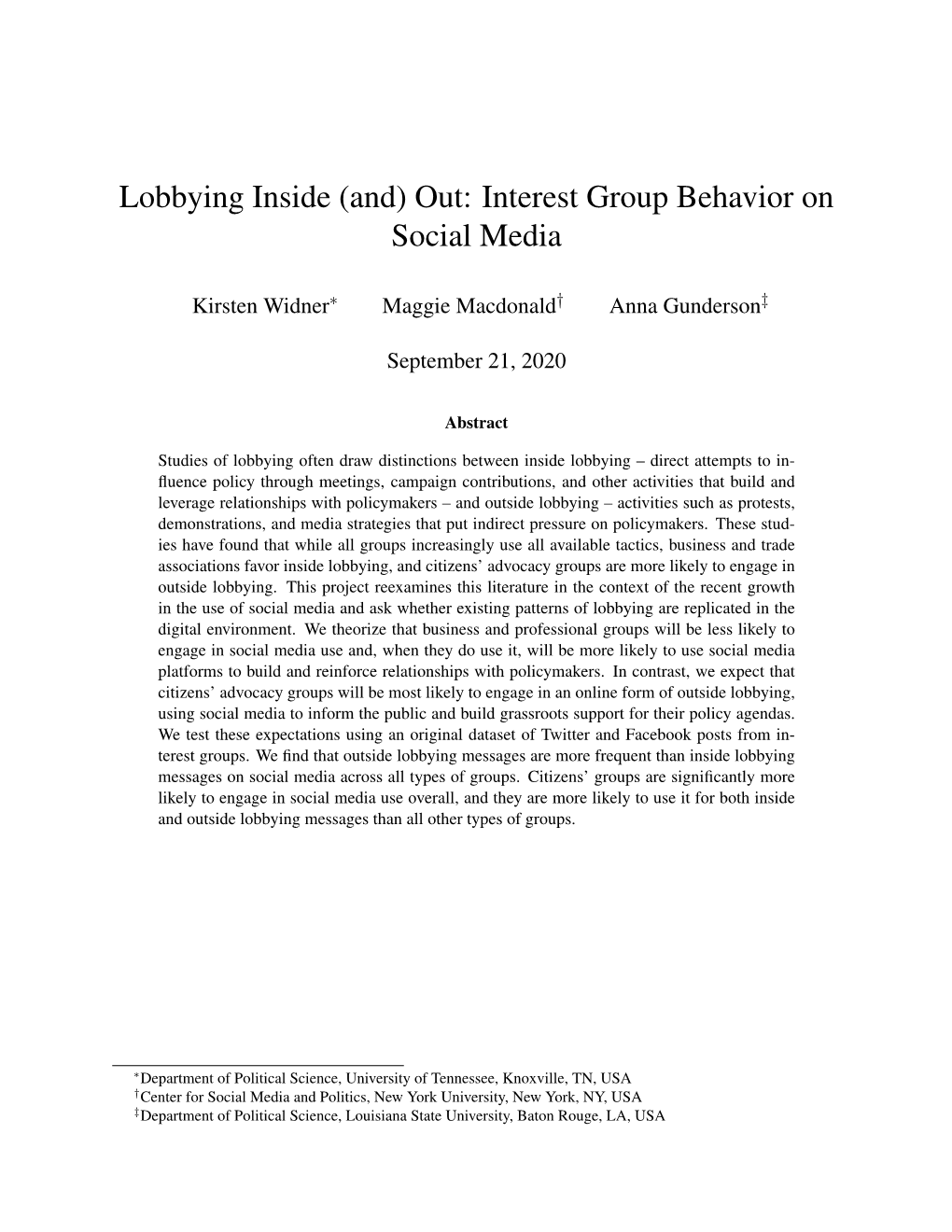 Lobbying Inside (And) Out: Interest Group Behavior on Social Media